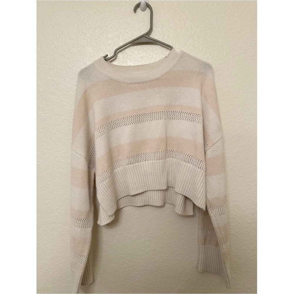 Happily Grey Striped Sweater Womens XL Cream Beige Excellent Pointelle Cropped - Picture 2 of 5